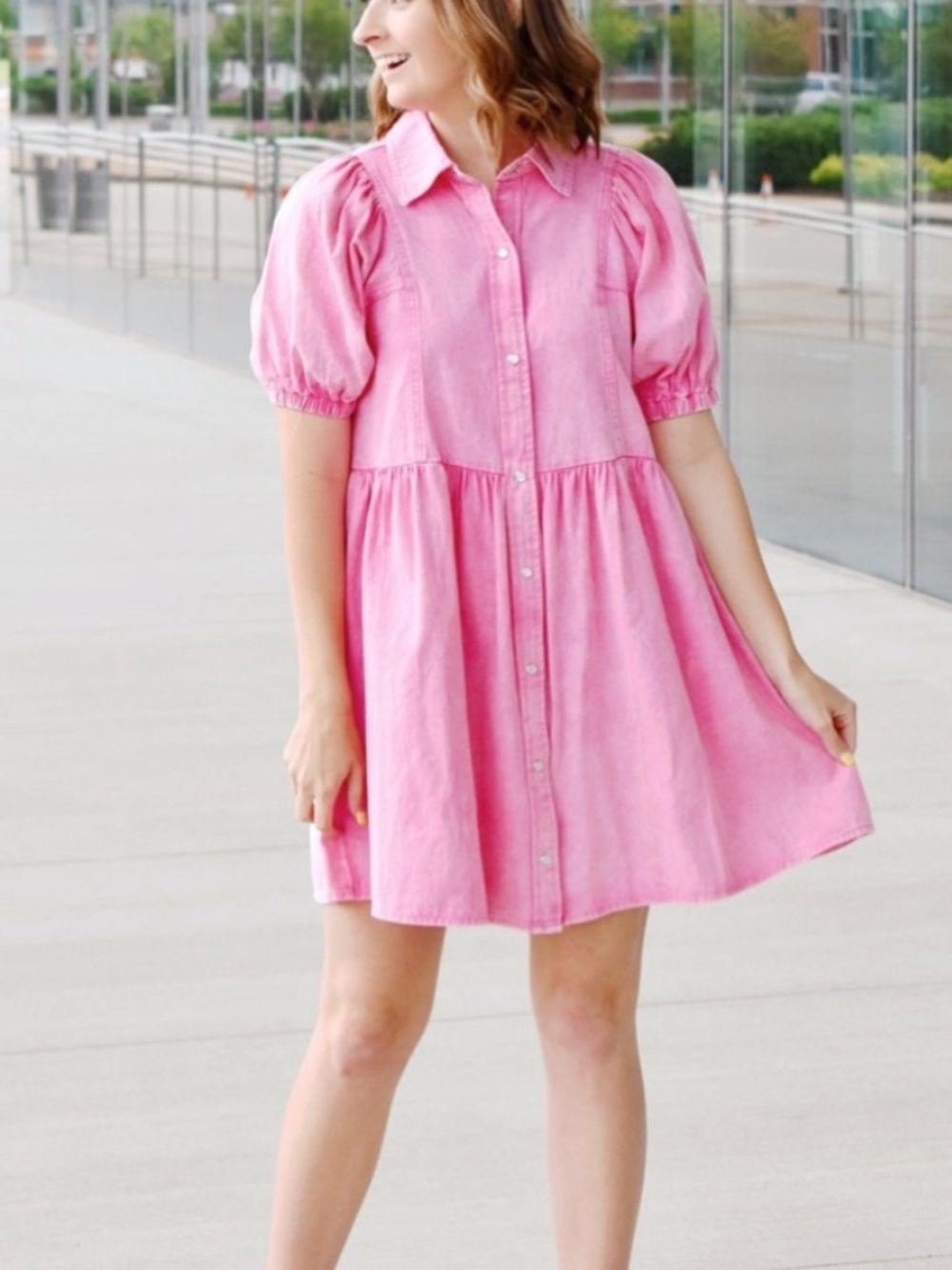 Entro Pink Button-Front Puff Sleeve Dress Sz: Small